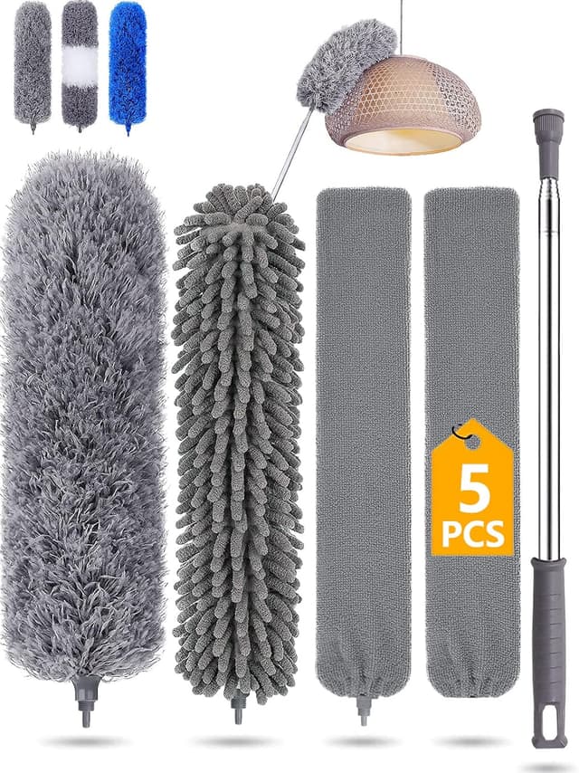 Detalle de Feather duster 5PCS kit with 30–100 inch telescopic extension pole and interchangeable cleaning heads