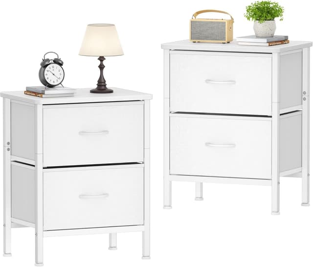 Detalle de HOMIDEC Table de chevet lot de 2 (55 cm) avec cadre en métal et 2 tiroirs en tissu, blanc