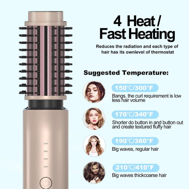 Detalle 2 de NeuWee Cordless Hair Curling Brush – Mini 3 in 1 hot hair brush with 4 temperatures, USB rechargeable (Gold)