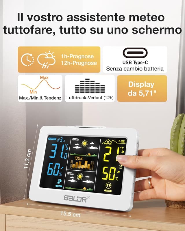 Detalle 2 de Stazione Meteo BALDR Bianca Senza Fili con Sensore Esterno e display a colori