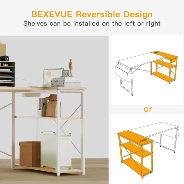 Detalle de BEXEVUE Small L-Shaped Desk with Power Outlets, 100x70 cm corner workstation with reversible storage shelves (beige)