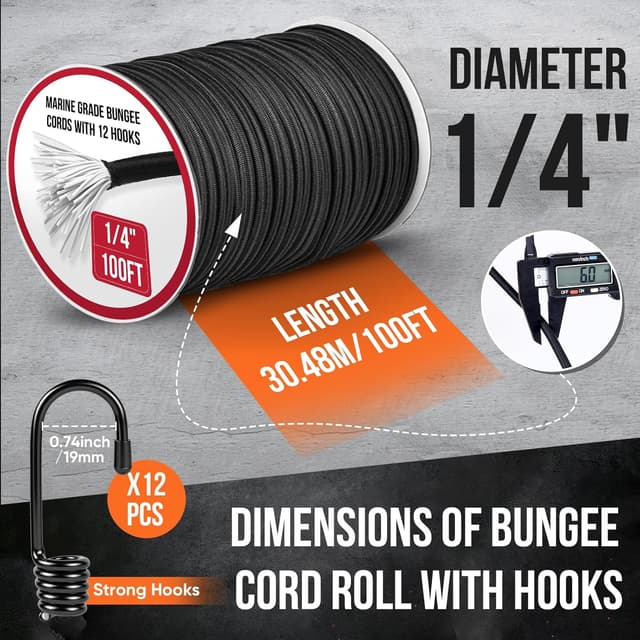 Detalle de Marine Grade Heavy Duty Bungee Cord Roll with 12 Hooks (1/4 in x 100 ft) – Black Shock Cord Kit for Kayak Deck & Outdoor Tie Downs