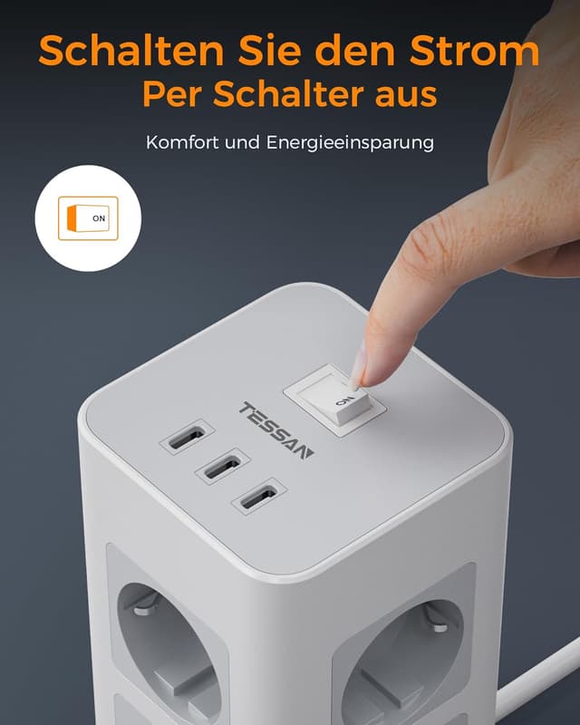 Detalle de TESSAN Mehrfachsteckdose mit 3 USB‑C und 8 AC-Steckdosen (2 m Verlängerungskabel) inkl. Überspannungsschutz – grau