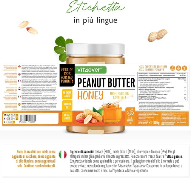 Detalle 2 de Burro di arachidi naturale con miele (1 kg) ad alto contenuto proteico, senza sale aggiunto