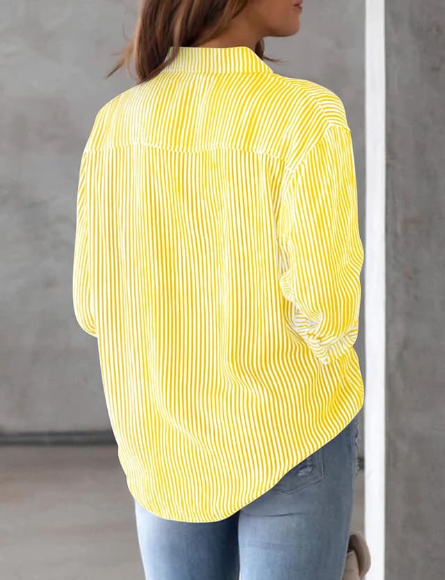 Detalle 2 de AISEW Women’s Striped Button-Down Shirt with Chest Pocket (Long Sleeve, Collared Office Blouse)