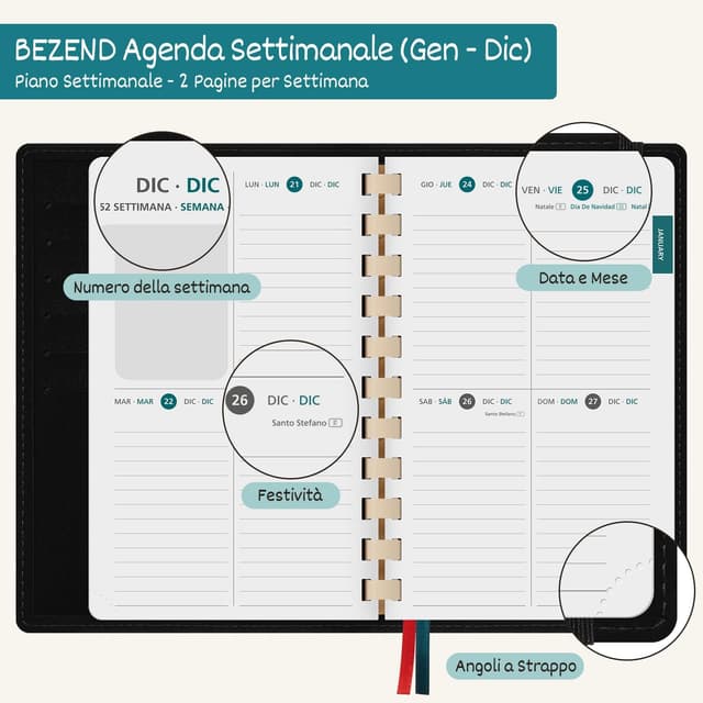 Detalle de BEZEND Agenda 2026 settimanale piccola con spirale 17 x 11 cm e diario tascabile da gennaio a dicembre