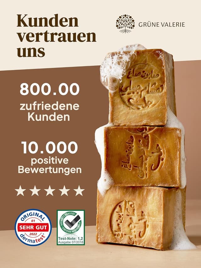 Detalle de Grüne Valerie Naturkosmetik GRÜNE VALERIE® Original Aleppo Seife Deluxe – 200 g (+70% Lorbeeröl/Olivenöl) – 6 Jahre gereift