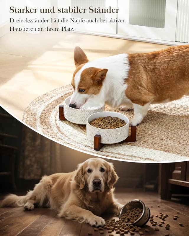 Detalle 2 de MALACASA Keramik-Hundenapf mit Walnussholz-Ständer, 1000 ml, Doppelschale für Futter & Wasser