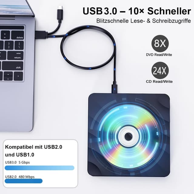Detalle de QDSYLQ externes USB-DVD/CD-Laufwerk mit USB 3.0 (DVD Brenner, CD-/DVD-Player) für Laptop & PC