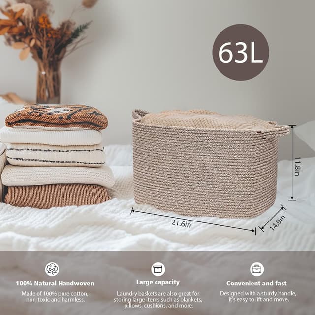 Detalle de Large Foldable Woven Cotton Laundry Basket with Handles (55 × 38 × 30cm) – Brown