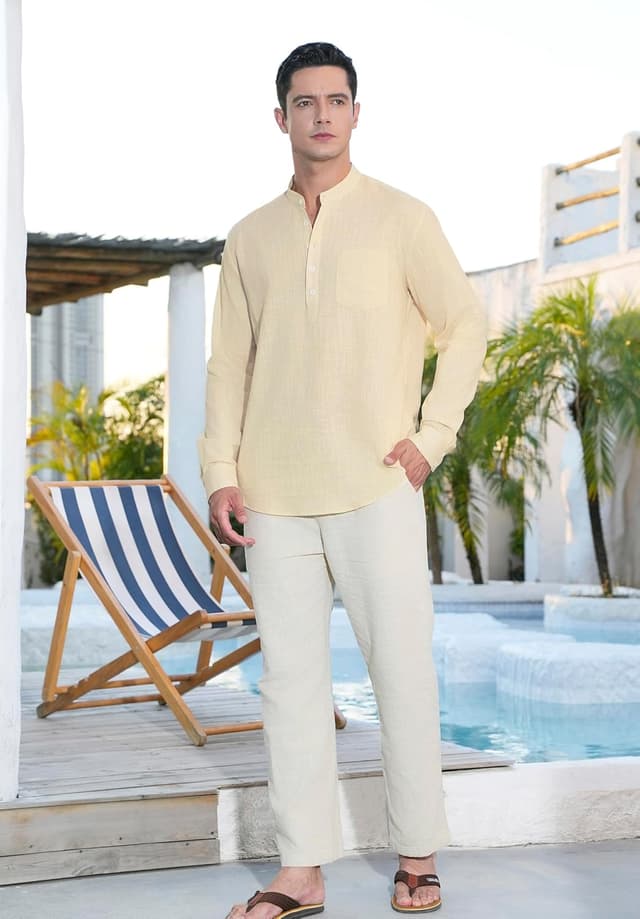 Detalle de Enlision Herren Baumwolle-Leinenhemd Langarm im Regular Fit – atmungsaktiv, mit Brusttasche