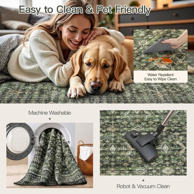 Detalle 2 de Lofus 8x10 Area Rug (Green) — Washable Boho Faux Wool Rug With Non-Slip TPR Backing