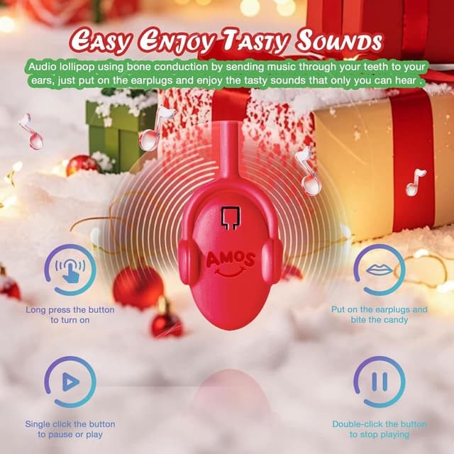 Detalle 2 de AMOS Sucette Musicale Mûre & Pêche & Menthe & Pomme – coffret de 4 bonbons audio, Noël, sans sucre