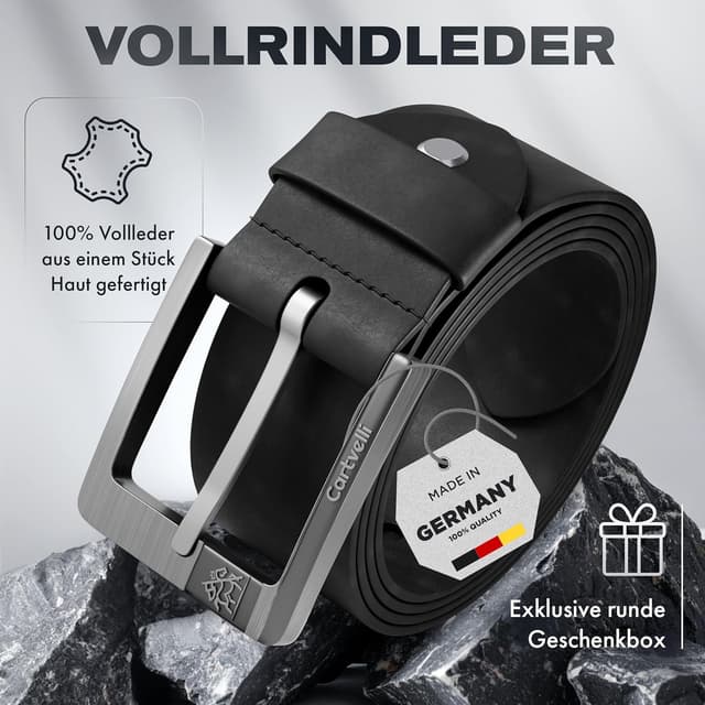 Detalle de Cartvelli Premium Ledergürtel Herren (Made in Germany) mit Nickel-freier Schließe & Geschenkbox – 40 mm Vollledergürtel