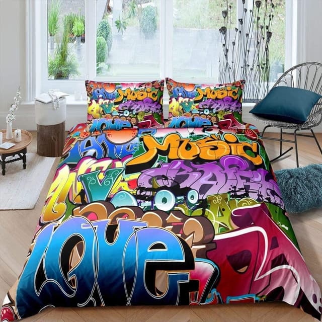 Detalle de Loussiesd Graffiti Style Hip Hop 3-Piece Bedding Set with Zipper (Kids/Teens Duvet Cover & Pillowcases)