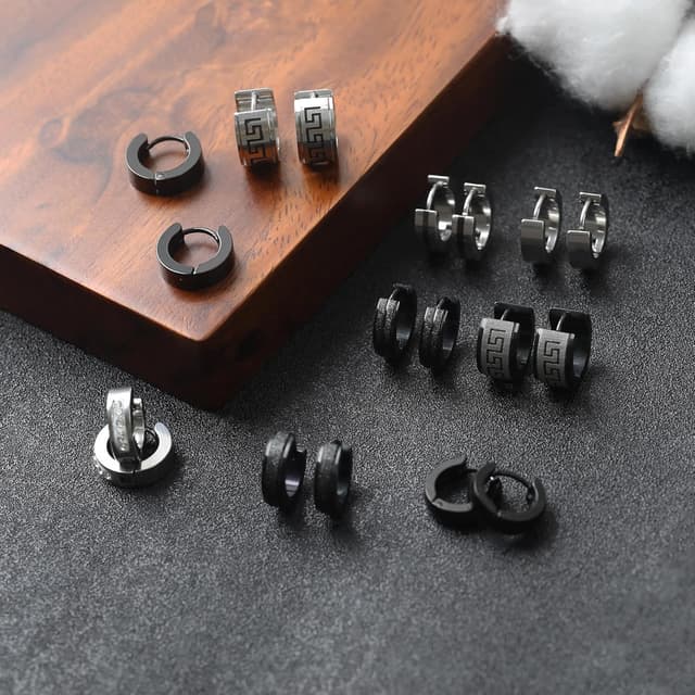 Detalle 2 de VELESAY 9 Paar Herren Creolen aus Edelstahl (Schwarz/Silber) – Set für Ohrstecker, Knorpel & Helix