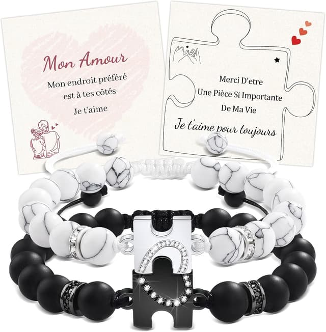 Detalle de Bracelet couple Seyaa « Amoureux pour 2 » en pierres de 8 mm et acier inoxydable