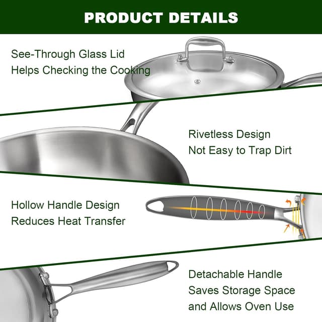 Thumbnail 4 de EWFEN 12 Inch Tri‑Ply Stainless Steel Frying Pan
