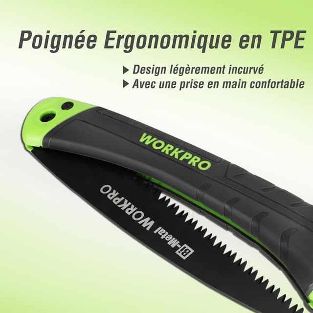 Detalle de WORKPRO Scie élaguer à main bimétal pliable (dents triple coupe) pour émondage et jardinage