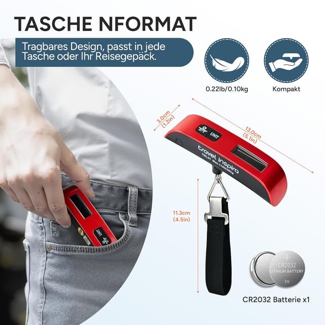 Detalle de travel inspira digitale Kofferwaage mit Haken bis 50 kg (Reisewaage, rot)