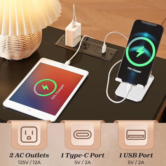 Detalle de Huuger Black Nightstand Set of 2 Charging