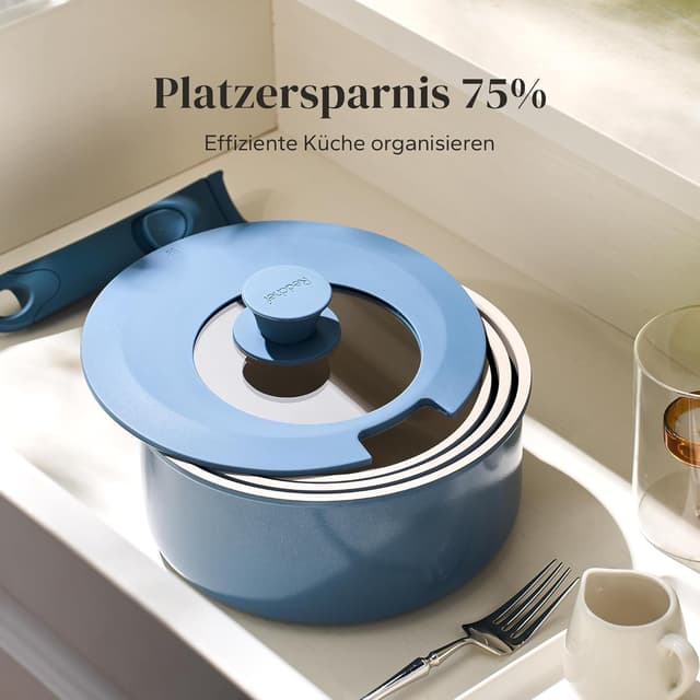 Detalle 2 de Redchef Topf-Set mit abnehmbaren Griffen (16/18/20 cm) & 3-in-1 Verschlussdeckel, Antihaft-Keramik, blau