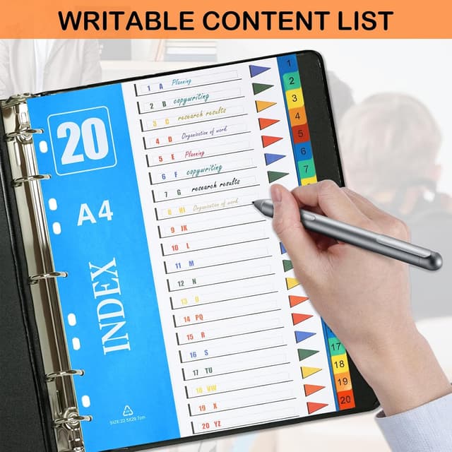 Detalle de XHDA A4 Part Dividers (1–20) – 5 Pack Multi-Colour PP Plastic Index Tabs for 11-Hole Ring Binders