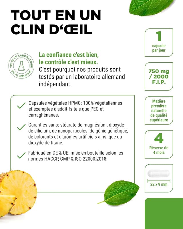 Detalle 2 de Bromélaïne Intenso 750 mg (2000 F.I.P) – 120 gélules gastro-résistantes, extrait naturel d’ananas