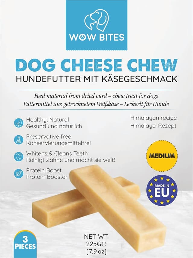 Detalle de WOW BITES Premium Kaukäse für Hunde – extra langer Kauspaß aus Kuhmilch, 3er Pack (M, 225 g)