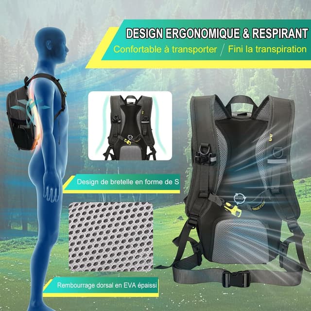 Detalle de ONETOALL Sac à Dos Vélo 15L avec couvre-casque, housse de pluie et fermeture antivol