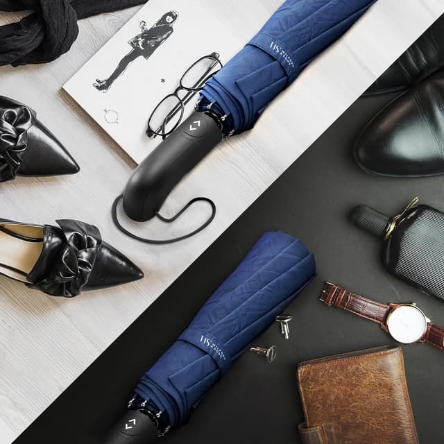 Detalle de Regenschirm Taschenschirm sturmfest mit Auf-Zu Automatik & Schirm-Tasche – Schwarz, kompakt & für Reise/Alltag