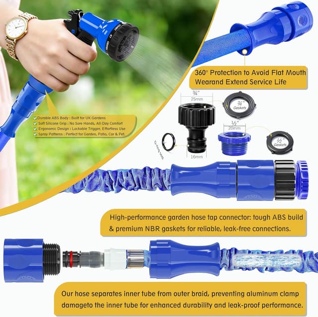 Detalle de HOMOZE expandable garden hose pipe (Blue) with 3/4" and 1/2" fittings, anti-leak design, 10-function spray nozzle, 50ft