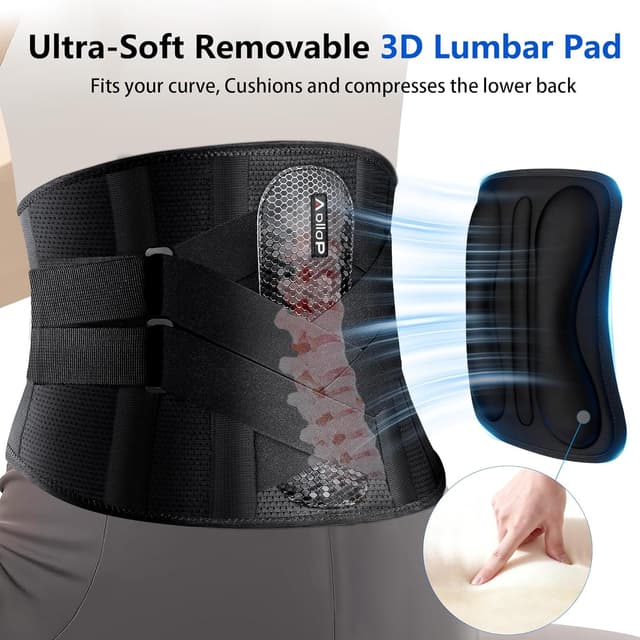 Detalle 2 de Aollop back support belt for lower back pain with removable 3D lumbar pad (Black, unisex)