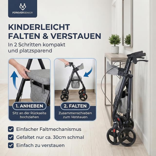 Detalle de ForeverSenior Rollator faltbar & leicht mit Sitz (9 kg) – schmal für Wohnung & Outdoor