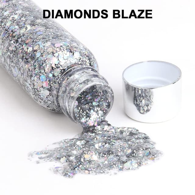 Detalle 2 de URAQT Body Glitter Gel „Chunky Glitter“ (Silber) – glitzerndes Körpergel für Gesicht, Haare, Lippen, Nägel