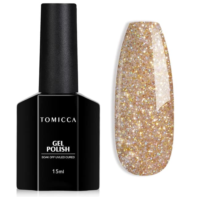 Detalle de TOMICCA UV-Nagellack Glitter Gold (15 ml) für UV/LED – Gel-Nagellack für Winter- & Nail-Art