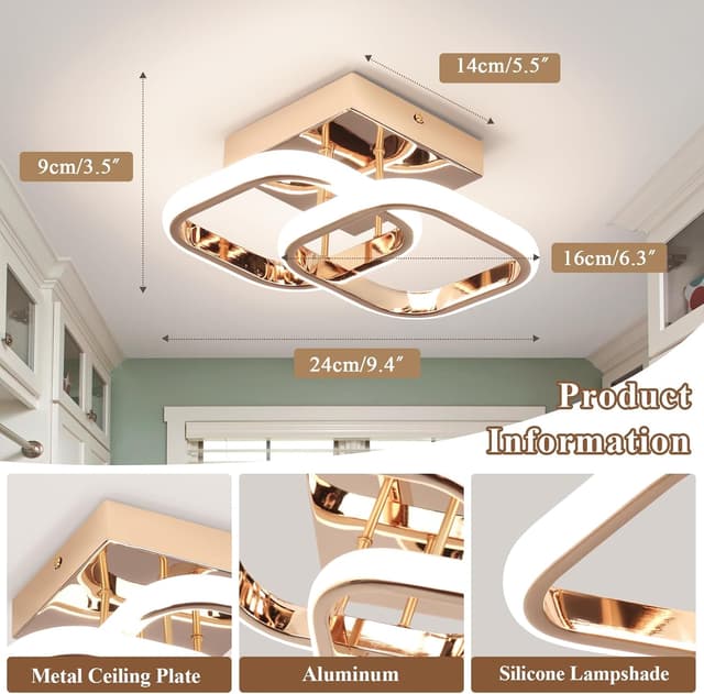 Detalle de EIDISUNY 22W LED Square Ceiling Light (Rose Gold) – 4500K Natural White