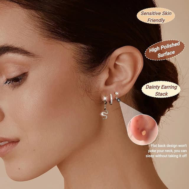 Detalle 2 de Ensemble de 3 paires de boucles d’oreilles MACACHII en argent 925 plaqué or 14K et zircon (huggies, serpent CZ, clous) hypoallergéniques