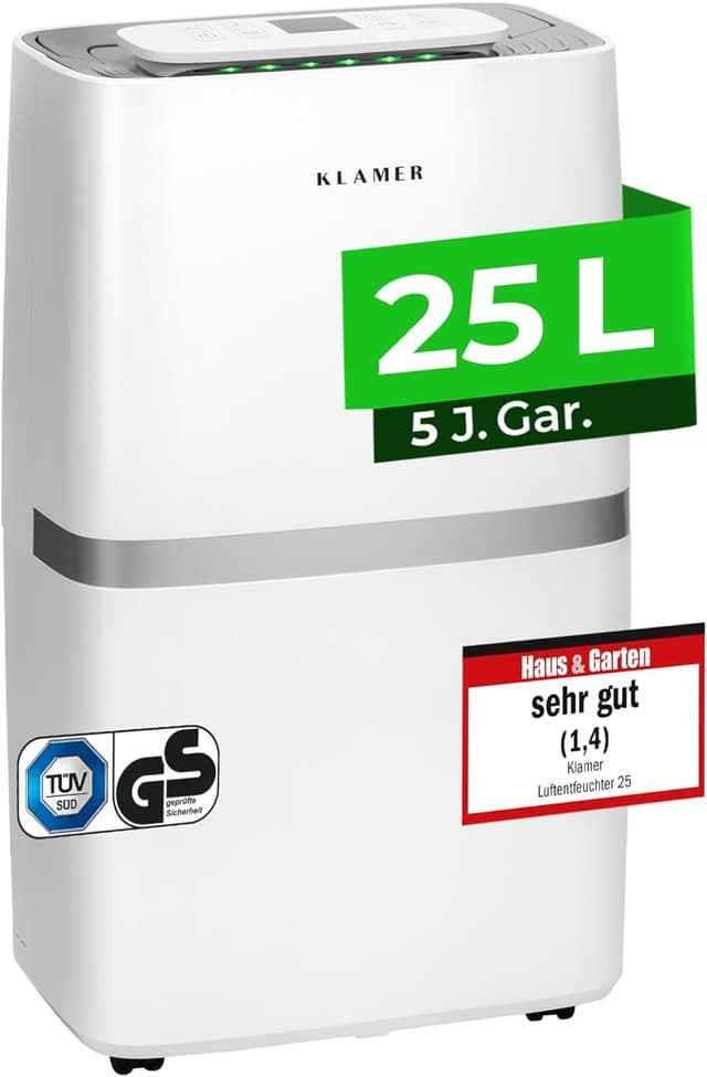 Detalle de KLAMER Luftentfeuchter elektrisch 25 L/24h – 5,5-L-Tank, leise, Smart Sensor, Timer & Wäschemodus