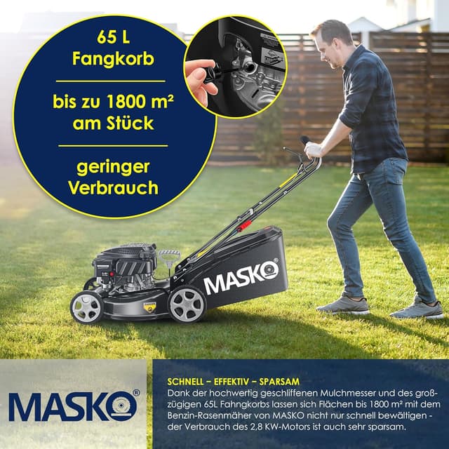 Detalle de MASKO® Benzin-Rasenmäher 5in1 mit 51 cm Schnittbreite, 65 l Fangkorb und Mulch-Kit