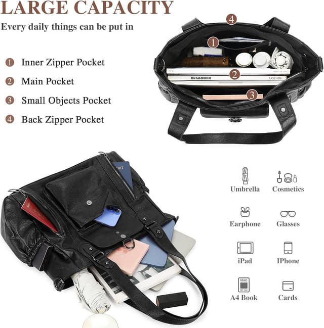 Detalle 2 de BAIGIO Grand sac à main femme en cuir PU vintage avec bandoulière réglable et multi-poches (noir)