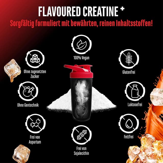 Detalle 2 de Flavoured Creatine Pulver (550 g) – Creatin Monohydrat + L-Taurin, mikronisiert, vegan (Cola)