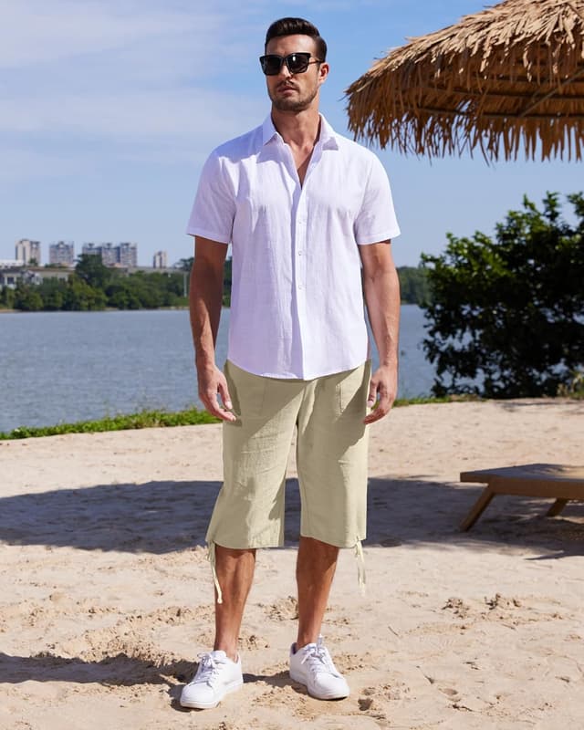 Detalle 2 de LVCBL Short en lin pour homme 3/4 : décontracté pour la plage, le yoga et le jogging