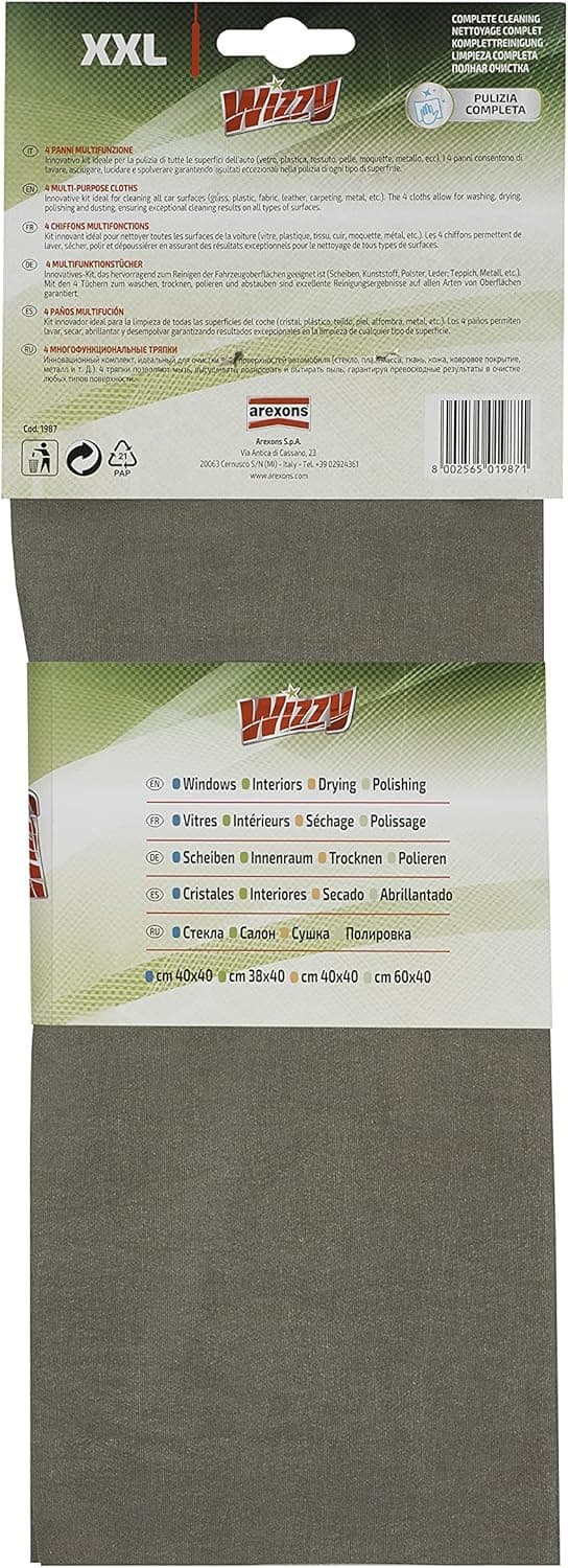 Detalle de Arexons Wizzy 4 Panni Multifunzione per auto: kit pulizia vetri, interni, asciugatura e lucidatura