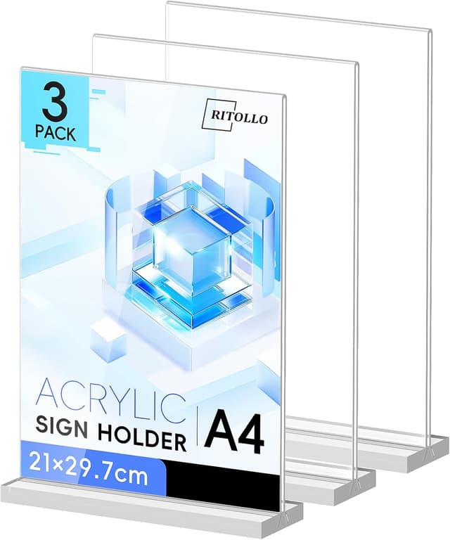 Detalle de RITOLLO 3 Pack A4 Acrylic Sign Holder, Double Sided T-Shape Countertop Display (Clear Perspex)