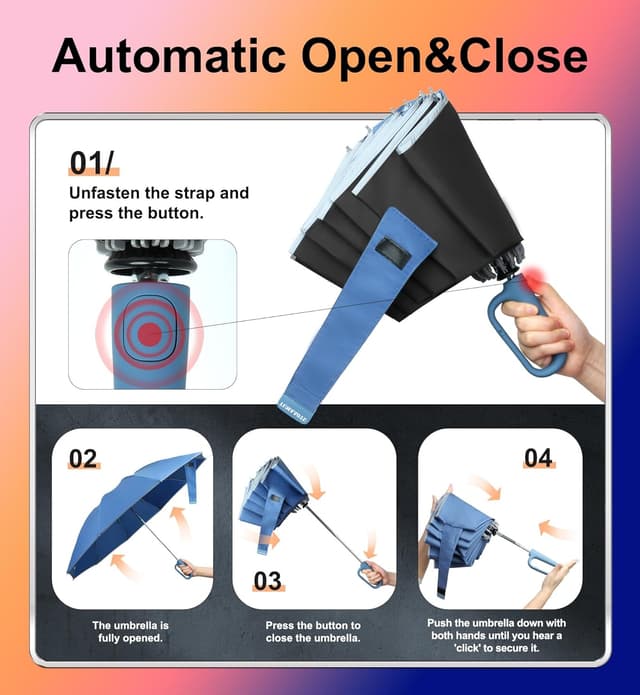 Detalle 2 de TUMAAOTU Compact Inverted Umbrella with Carabiner Handle – windproof travel auto open/close