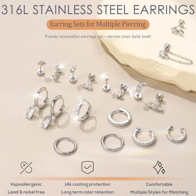 Detalle de Roheafer 9 Paar Ohrringe Set für Ohrstapeln: Creolen, Knorpelpiercing-Stecker & Ohrklemmen (hypoallergen)