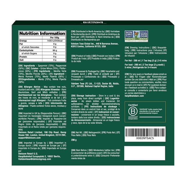 Detalle de VAHDAM Pure Mint Kräutertee Beutel (100 Teebeutel) koffeinfrei – Pfefferminze & Krauseminze