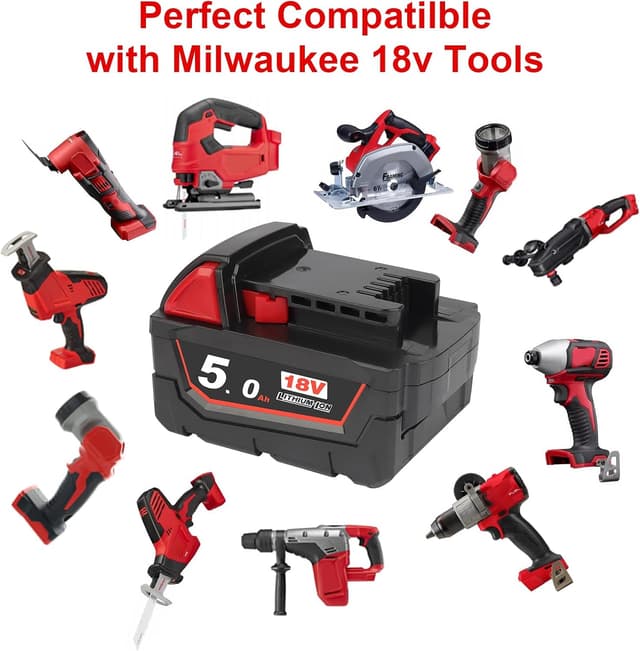 Detalle de Powarobor 2 pezzi M18 B5 18V 5,0 Ah batteria di ricambio per Milwaukee M18 High Output 48-11-1850