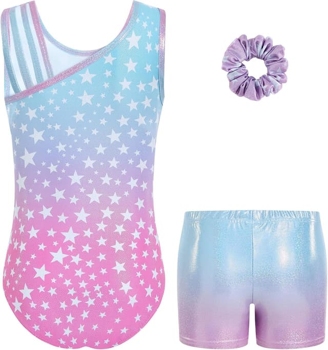 Detalle de Gogokids girls’ three-piece gymnastics set (sleeveless leotard, shorts and hairband)